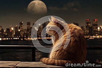 a fat cat sitting on a fence looking at the moon Stock Photo