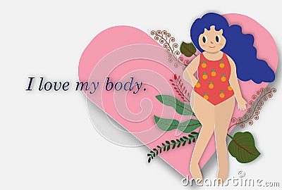 A plump girl wear bathing suit and leaves with big heart Vector Illustration