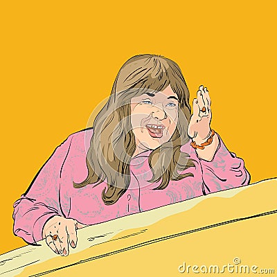 Plump middle age woman showing a way. Woman giving adwice. Cartoon vector illustration. Comic scene Vector Illustration