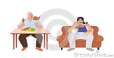 Plump overweight people characters suffering from eating disorders, gluttony and food addiction Vector Illustration