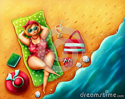 Plump woman on the beach Stock Photo