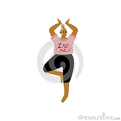 Plump Woman in Tree Pose, Curvy Girl Practicing Yoga, Healthy Lifestyle Vector Illustration Vector Illustration