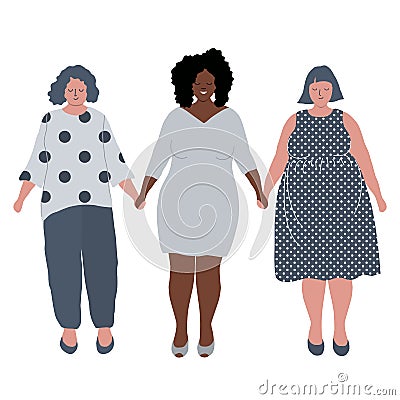 Plump women are holding hands. Plus size girls of different races. Body positive concept Vector Illustration