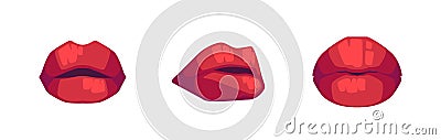 Plump Women Lips with Bright Red Lipstick. Sensual Female Mouths Open Slightly and Buttonhole Icons. Vector Illustration Vector Illustration