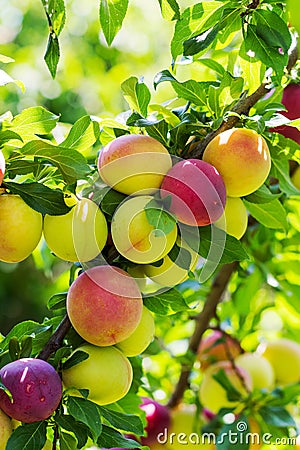 Plums on a branch of plum tree Stock Photo