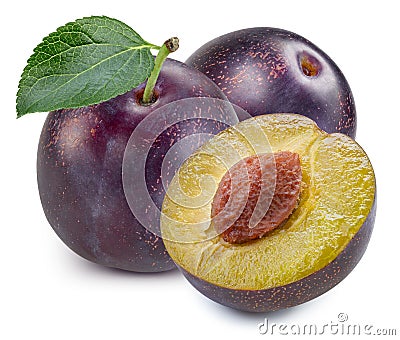 Plums half with leaves isolated Stock Photo