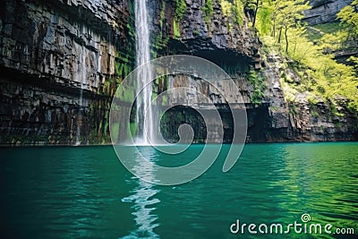 plunge waterfall over sheer cliff into turquoise lake Stock Photo