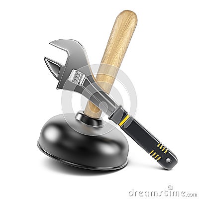 Plunger and adjustable wrench Stock Photo