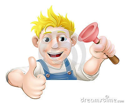 Plunger man over sign thumbs up Vector Illustration