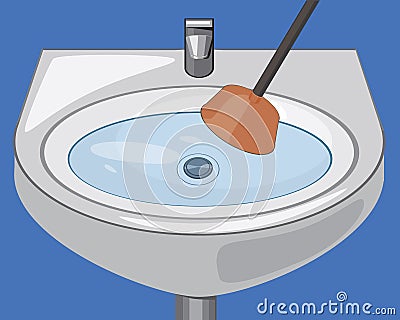 A plunger to eliminate blockade of the pipe and clogged pipeline, a stock illustration with sink, faucet and drain hole as Vector Illustration