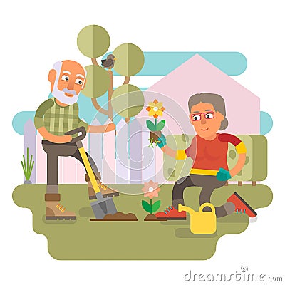 50 plus - couple gardening together Vector Illustration