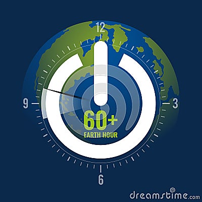 60plus Earth hour - white shutdown sign and circle time scale clock with pin 8.30 PM to 9.30 PM on global word background vector Vector Illustration