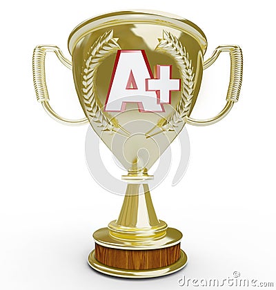 A+ A Plus Letter Grade on Gold Trophy First Place Score Stock Photo
