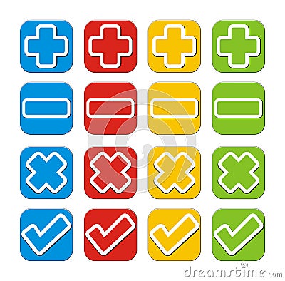 Plus, minus, check, cross button sets Vector Illustration