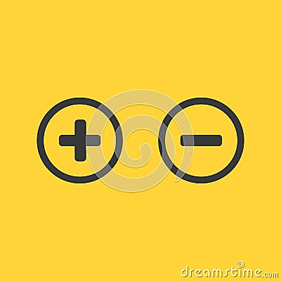 Plus and minus in circle connected electric circuit with pulse. Vector illustration isolated on yellow background Cartoon Illustration