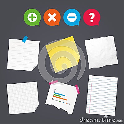 Plus and minus icons. Question FAQ symbol. Vector Illustration