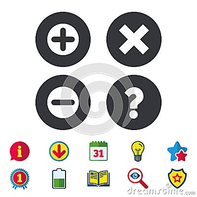 Plus and minus icons. Question FAQ symbol. Vector Illustration