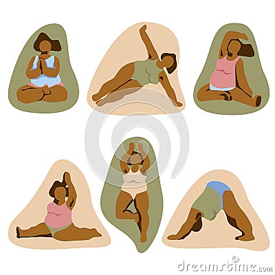 Plus size abstract woman workout in yoga poses. Bodypositive lady icons set. Active overweight girl. Up dog, lotus, monkey yoga Vector Illustration