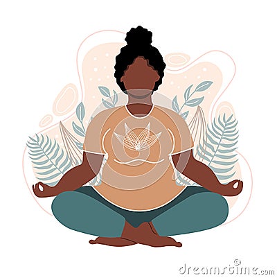 Plus size african american woman meditating and sitting in lotus on the natural background. Attractive overweight girl. Concept Vector Illustration