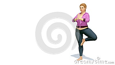 Plus size blonde woman in tree pose yoga on white Cartoon Illustration