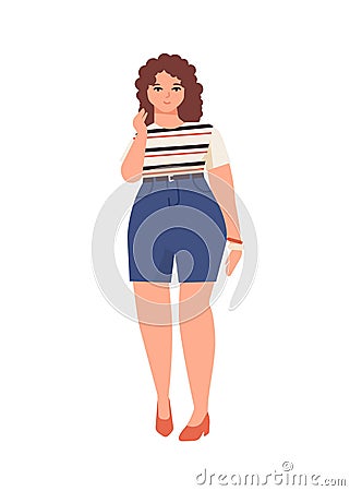 Plus size curly hair girl flat vector illustration. Curvy european female cartoon character wearing t-shirt and denim Vector Illustration