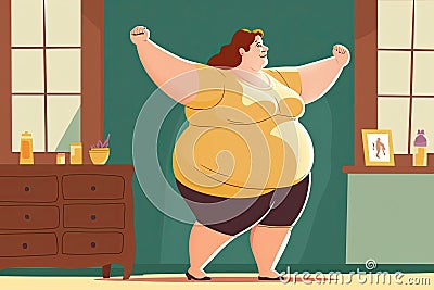 Plus size girl doing morning exercises at home, illustration. Fitness concept. Generative AI Cartoon Illustration