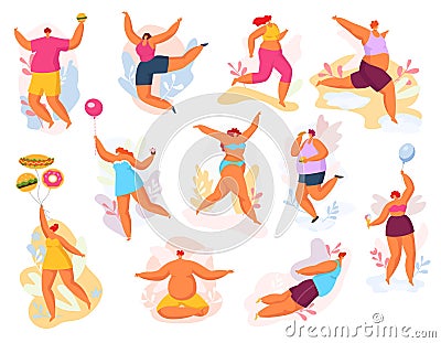 Plus size happy dancing people vector illustration set, fat man woman in dance, body positive concept Vector Illustration