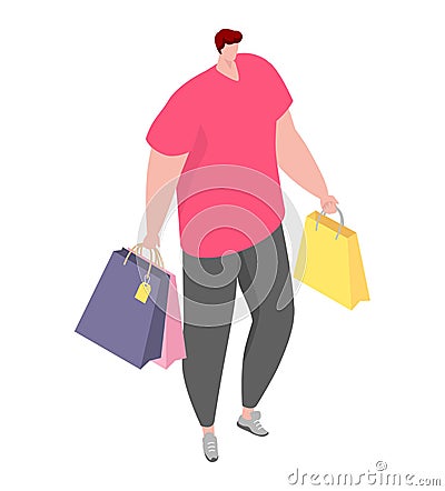 Plus size man shopping, carrying colorful bags, casual style, modern consumer. Body positivity, diverse beauty Vector Illustration
