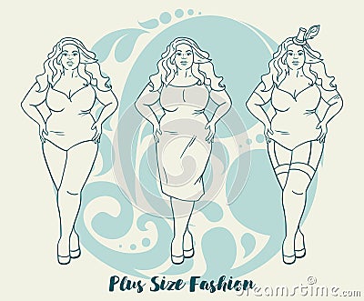 Plus size model in three looks Vector Illustration