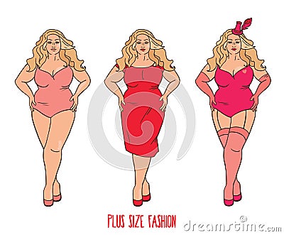 Plus size model in three looks on white background Vector Illustration