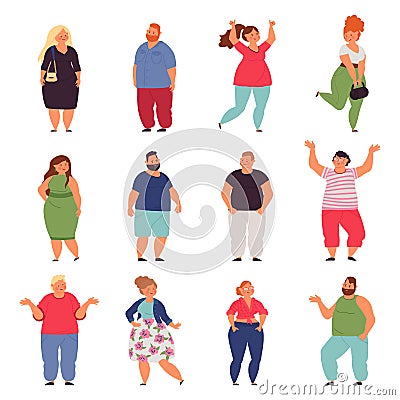 Plus size people. Big woman, chubby models characters in fashion casual cloth. Plump man, isolated overweight person Vector Illustration