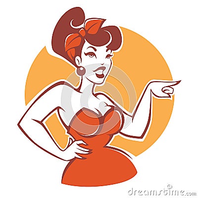 Plus size pinup girl in red dress on beige background Vector Illustration