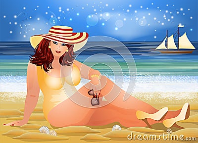 Plus size sexual woman on the beach, summer time card, vector Vector Illustration