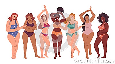 Plus size woman in bikini, body positive ladies Vector Illustration