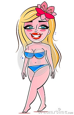 Plus size woman in bikini, body positive lady in blue dotted swimsuit isolated, flat cartoon. Vector full plus size girl Vector Illustration