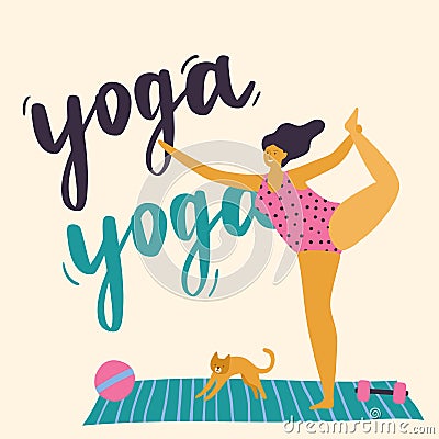 Body positive girl doing yoga. Vector Illustration