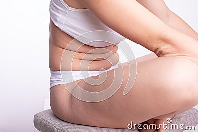 Plus Size Woman with Natural Real Body in cotton underwear, imperfect nonideal overweight Stock Photo