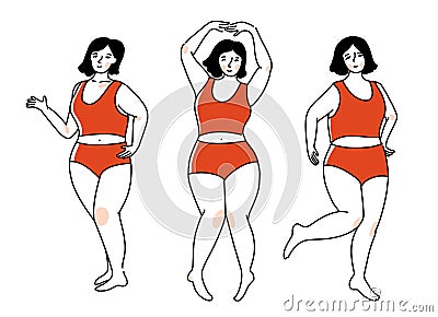 Plus size woman in red underwear in different active poses. Happy girl dancing, body positive concept. Vector outline Vector Illustration