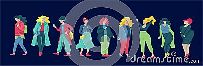 Plus size women dressed in stylish clothing. Set of curvy girls wearing trendy clothes. Happy characters. Bodypositive Vector Illustration