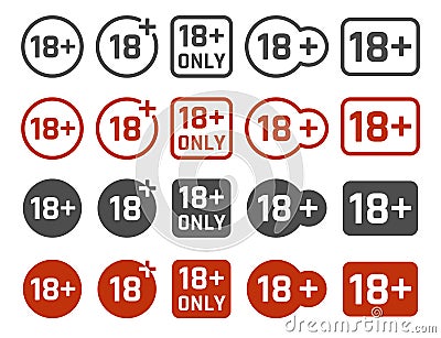 18 plus years old icon set, adults content signs Vector Illustration