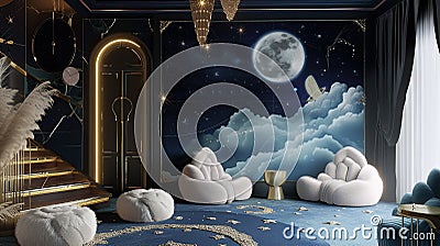 Plush Celestial Furnishings Create an Enchanting Space for Celestial Contemplation. Generative AI Stock Photo