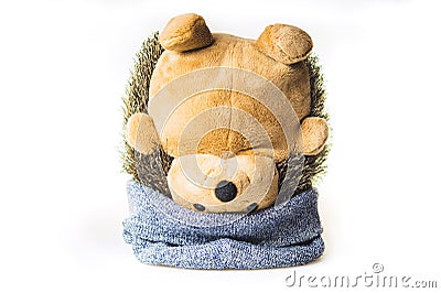 Plush hedgehog in a hat upside down. soft toy Stock Photo