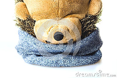 Plush hedgehog in a hat upside down. soft toy Stock Photo