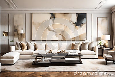 A plush ivory-colored sofa against a wall adorned with a large abstract art piece, adding a touch of artistic flair to the space Stock Photo