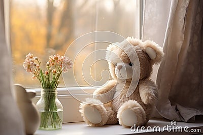 Plush teddy bear with flowers on sunny window sill Stock Photo