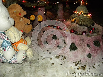 Plush toys in the snow Stock Photo