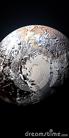 Pluto: A Dark Colored Planet With Snow Ice And Metallic Sculpture Style Stock Photo