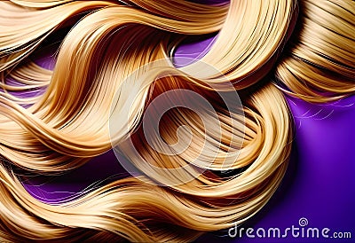 Ply of shiny, healthy, glowing blonde hair with wavy styling on purple background Stock Photo