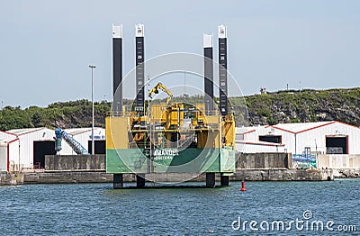 Jackup barge in the sea in Plymouth port, UK Editorial Stock Photo