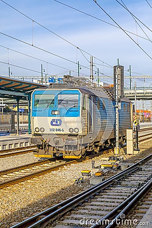 Plzen, Czech Republic - Februar 25, 2017 - Blue and gray electric locomotive Editorial Stock Photo